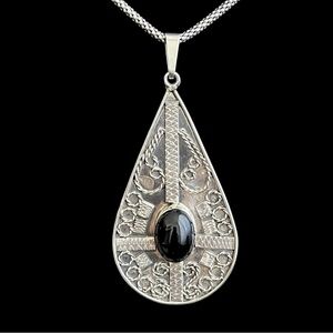 Vintage Mexican Large Sterling silver and black onyx Artisan made pendant
